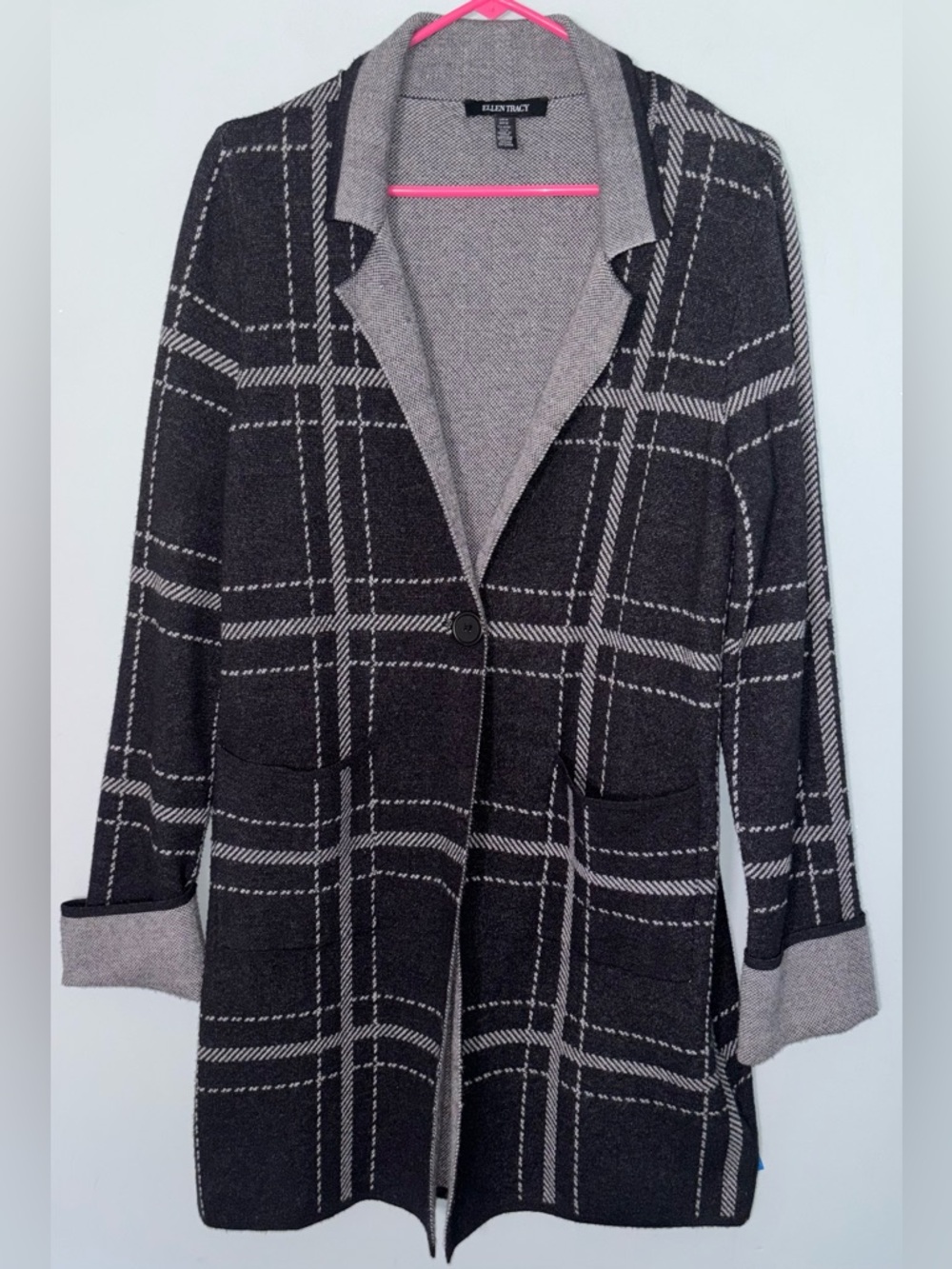 Ellen Tracy Women’s Medium Black & Gray Textured Plaid Blazer Cardigan